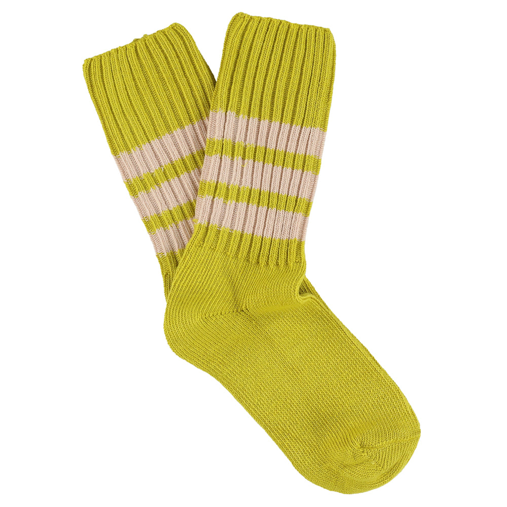 Women's striped crew socks in yellow and pink, slub cotton, made in Portugal by Escuyer