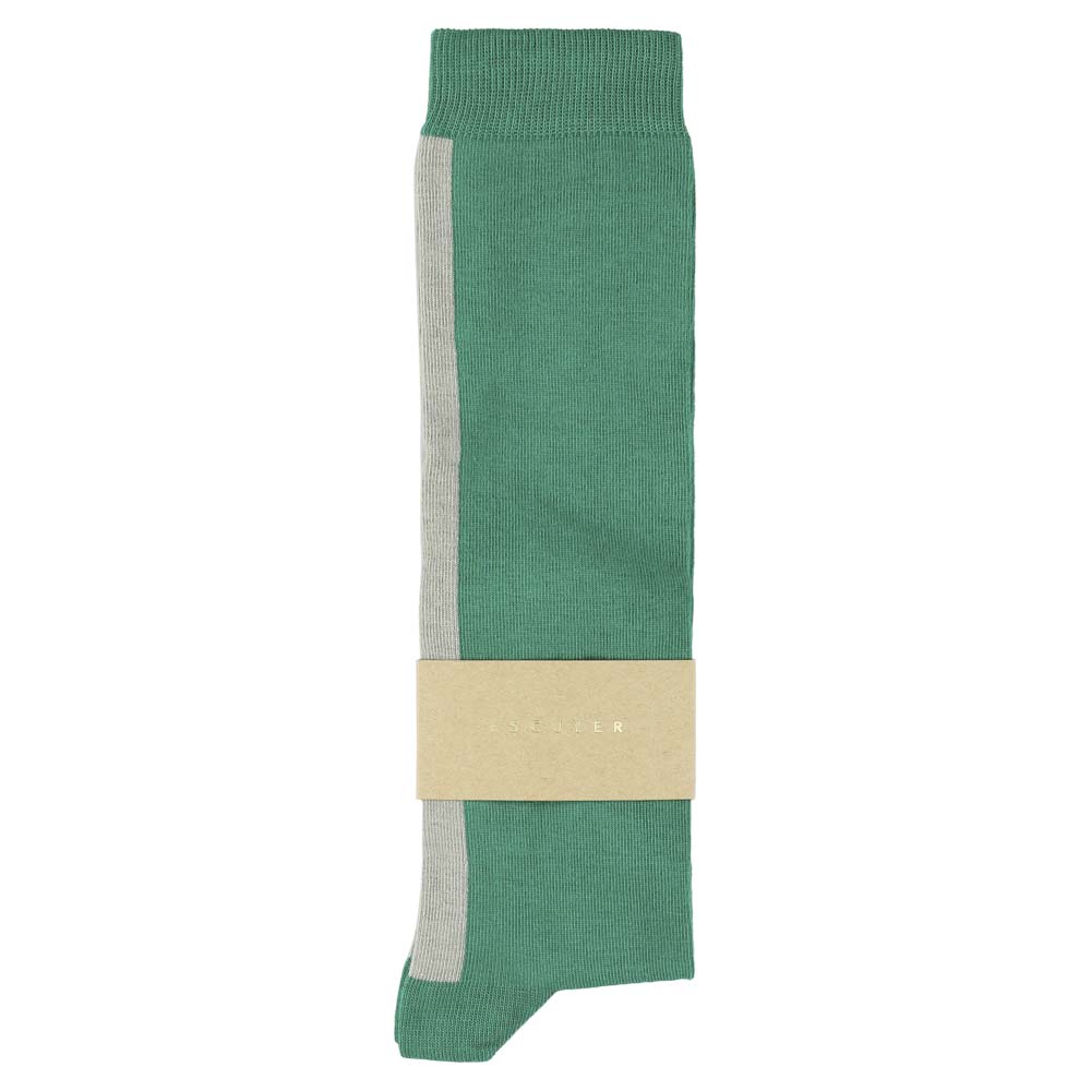 Close-up of Escuyer green and grey combed cotton knee high socks with hand-linked toe