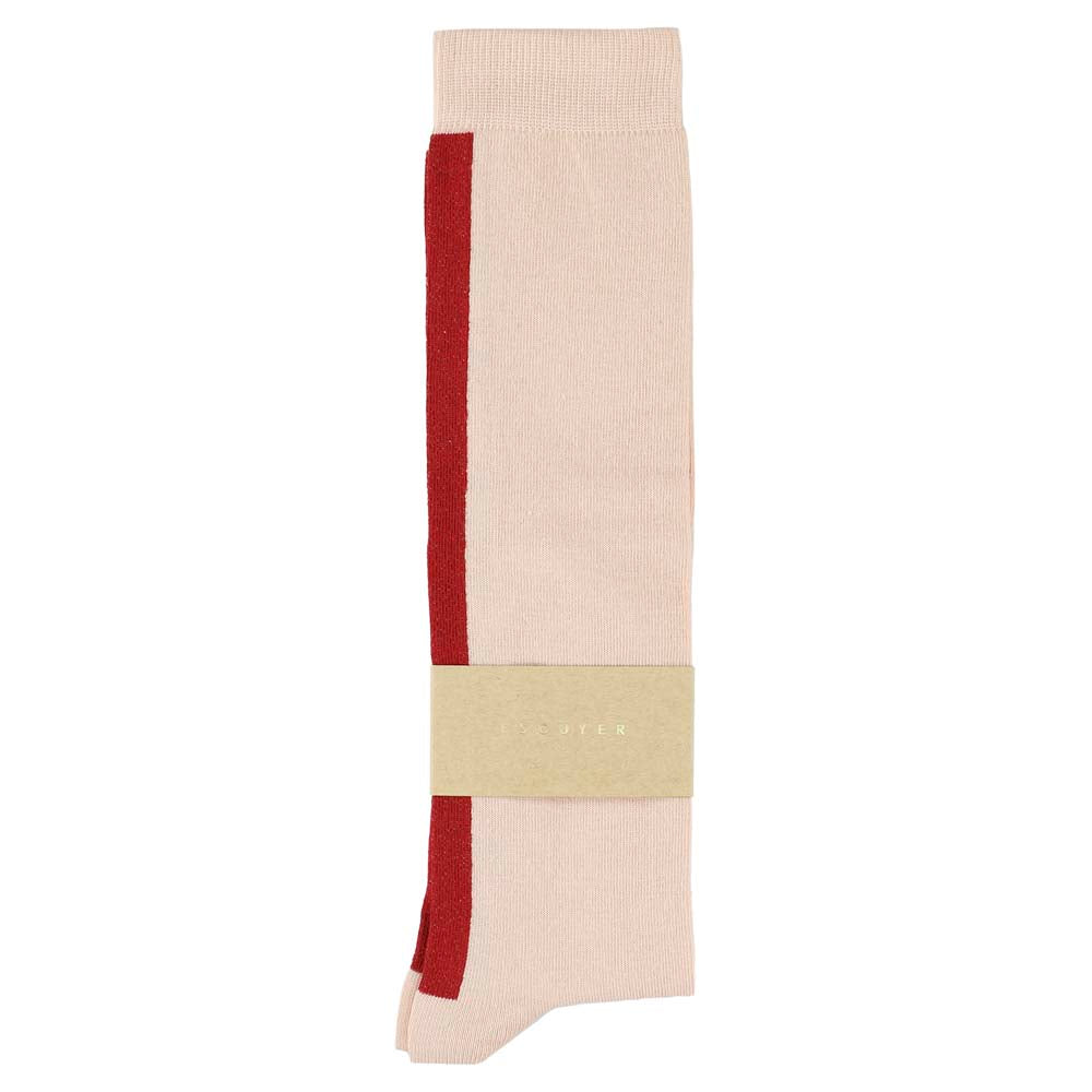 Close-up of Escuyer pink and red combed cotton knee high socks with hand-linked toe