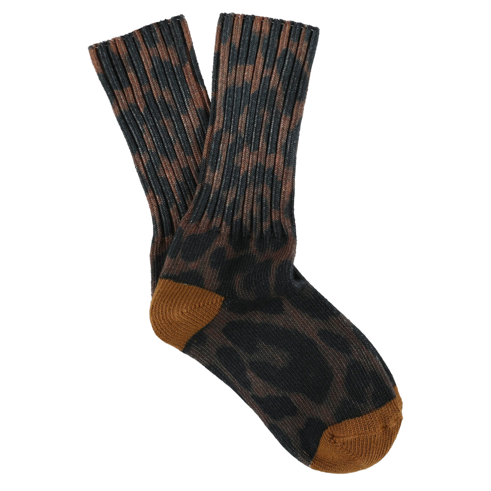 Pair of brown and black Leopard patterned socks on a white background