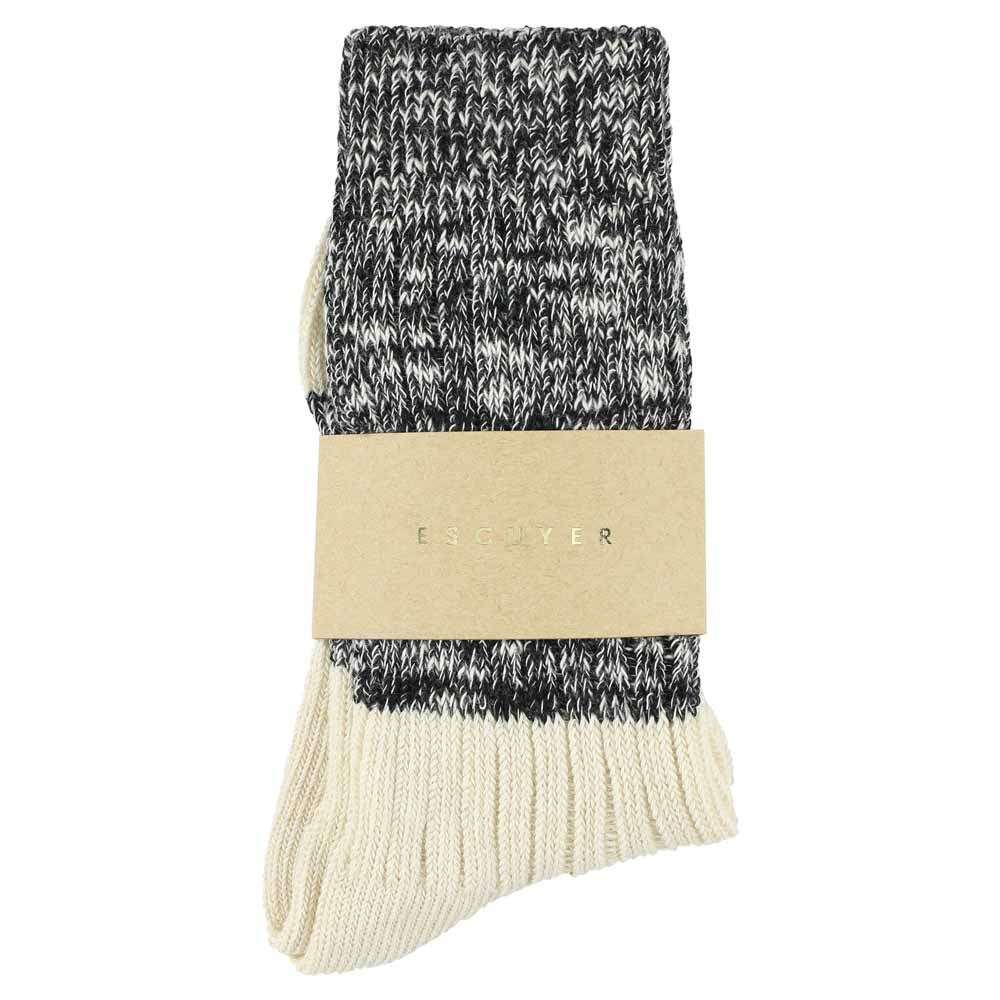 Escuyer women's black and ecru colour-blocked crew socks, made in Portugal