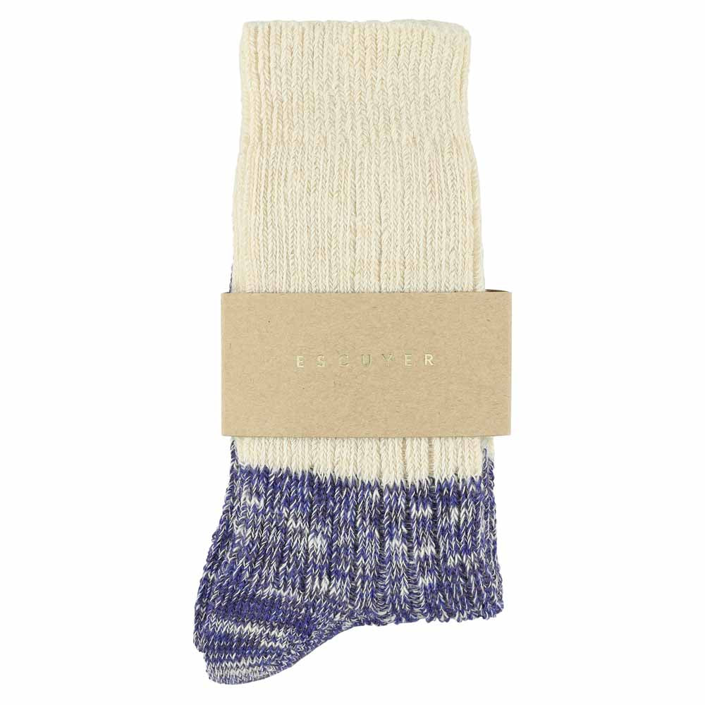 Escuyer women's ecru and bright blue colour-blocked crew socks, made in Portugal