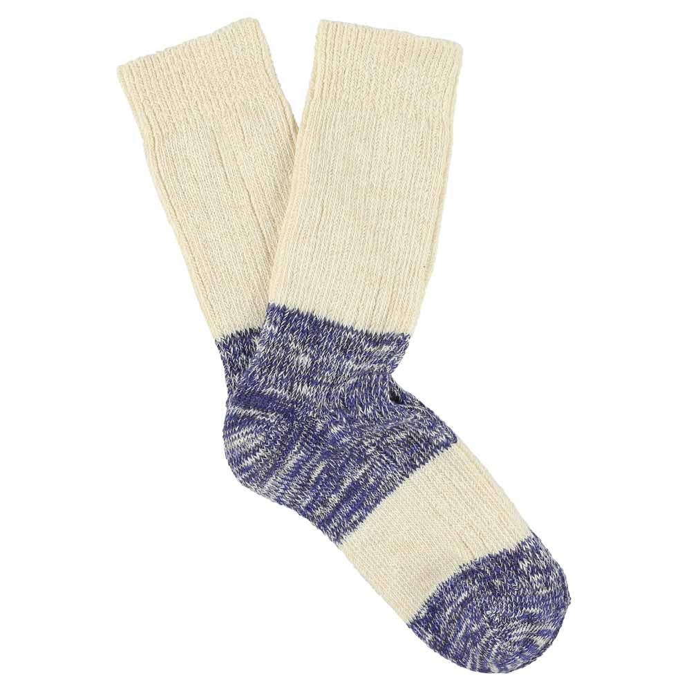 Women's ecru and bright blue colour-block melange socks by Escuyer, combed cotton, made in Portugal