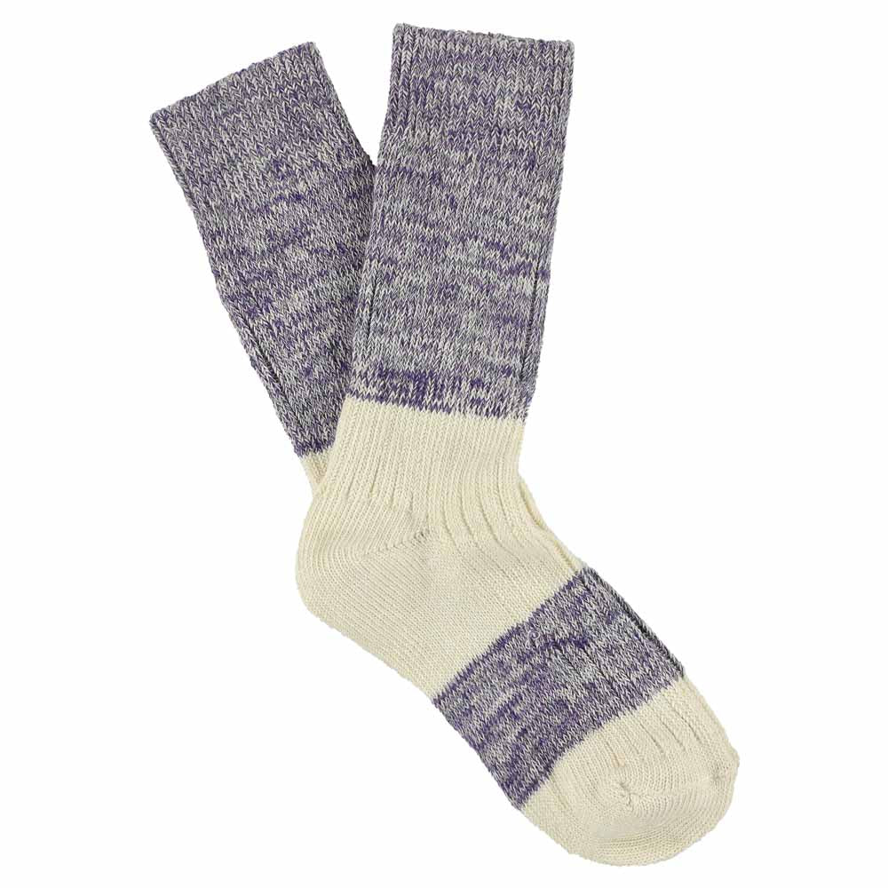 Women's purple and ecru colour-block melange socks by Escuyer, combed cotton, made in Portugal