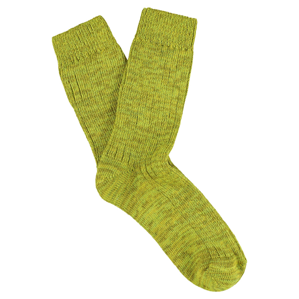 Women's lime melange crew socks by Escuyer, slub-knit combed cotton, made in Portugal