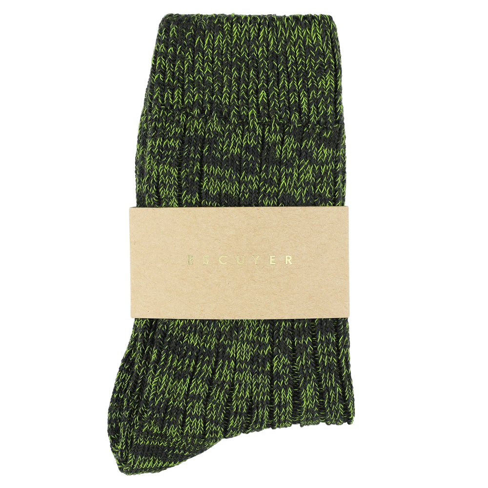 Escuyer women's off-black and green flash melange socks, crew length, made in Portugal