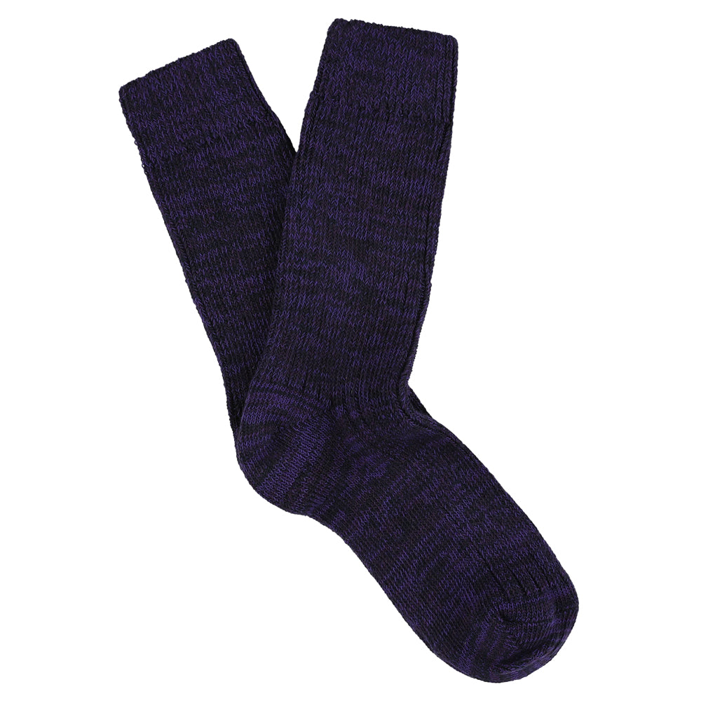 Women's purple and blue melange crew socks by Escuyer, slub-knit combed cotton, made in Portugal