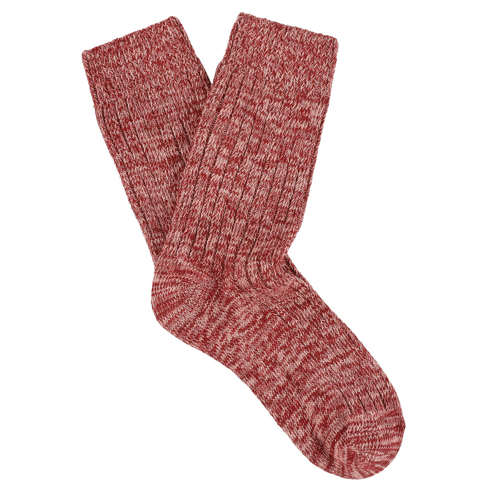 Women's red and pink melange crew socks by Escuyer, slub-knit combed cotton, made in Portugal