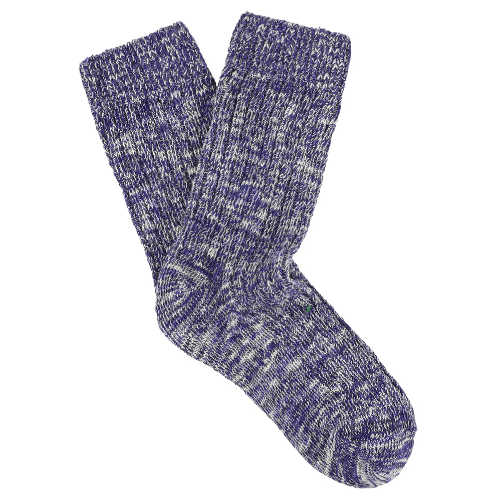 Women's royal blue melange crew socks by Escuyer, slub-knit combed cotton, made in Portugal