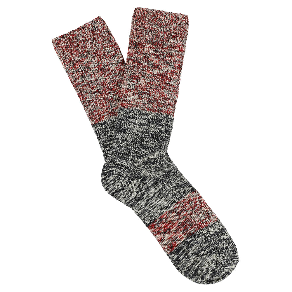 Navy and red colour-block melange socks by Escuyer, combed cotton, made in Portugal
