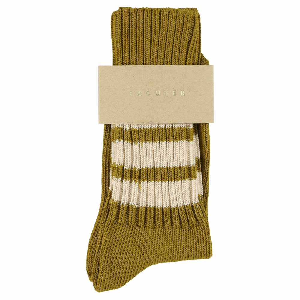 Women's striped crew socks in ecru olive and ecru, slub cotton, made in Portugal by Escuyer