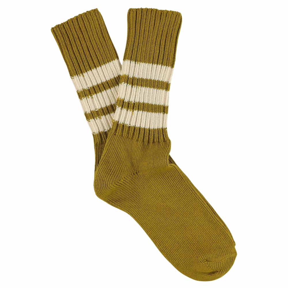Women's striped crew socks in ecru olive and ecru, slub cotton, made in Portugal by Escuyer