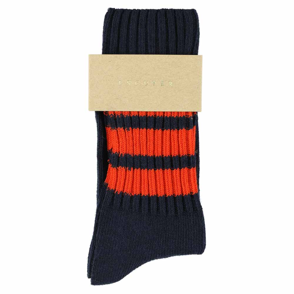 Women's striped crew socks in blue and orange, slub cotton, made in Portugal by Escuyer