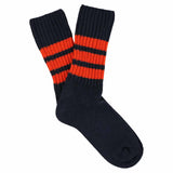 Women's striped crew socks in blue and orange, slub cotton, made in Portugal by Escuyer