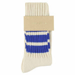 Women's striped crew socks in ecru and bright blue, slub cotton, made in Portugal by Escuyer