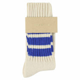 Women's striped crew socks in ecru and bright blue, slub cotton, made in Portugal by Escuyer