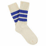 Women's striped crew socks in ecru and bright blue, slub cotton, made in Portugal by Escuyer