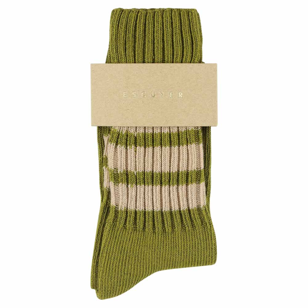 Women's striped crew socks in khaki and pink, slub cotton, made in Portugal by Escuyer