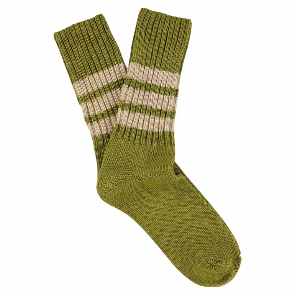 Women's striped crew socks in khaki and pink, slub cotton, made in Portugal by Escuyer