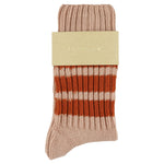 Women's striped crew socks in pink and brick, slub cotton, made in Portugal by Escuyer