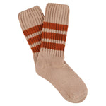 Women's striped crew socks in pink and brick, slub cotton, made in Portugal by Escuyer