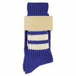 Women's striped crew socks in vintage blue and ecru, slub cotton, made in Portugal by Escuyer