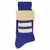 Women's striped crew socks in vintage blue and ecru, slub cotton, made in Portugal by Escuyer