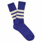 Women's striped crew socks in vintage blue and ecru, slub cotton, made in Portugal by Escuyer