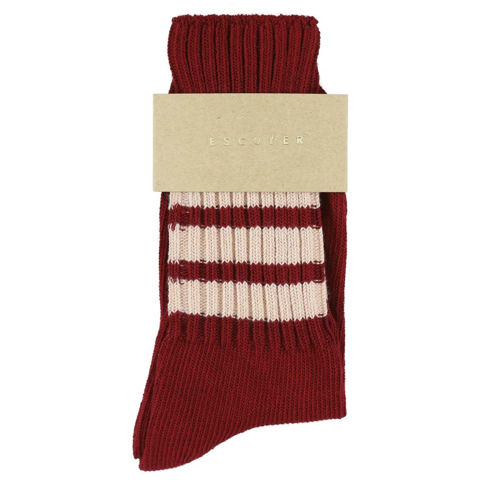 Women's striped crew socks in red and pink, slub cotton, made in Portugal by Escuyer