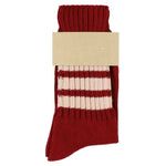 Women's striped crew socks in red and pink, slub cotton, made in Portugal by Escuyer