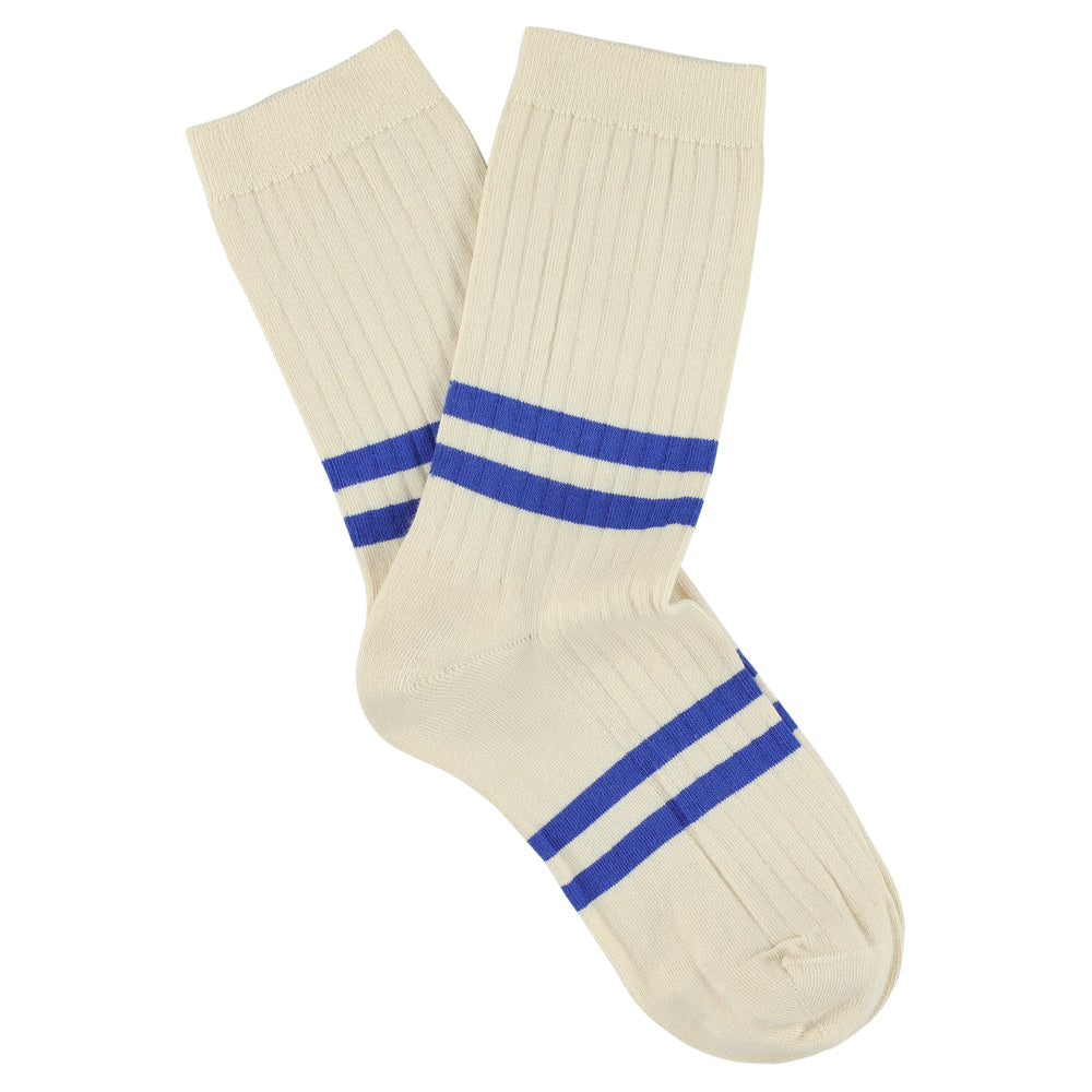Women's Striped Socks Ecru & Electric Blue — Italian Cotton, Made in Portugal — Escuyer