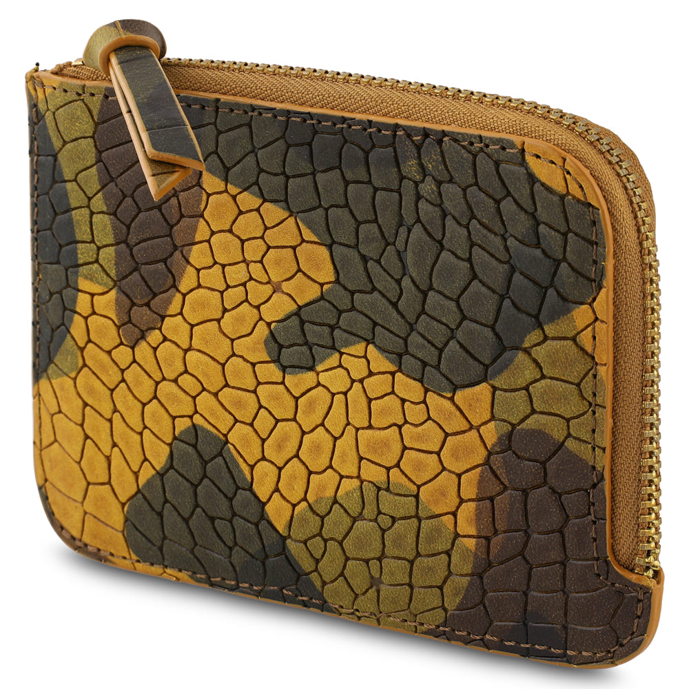 Escuyer crocodile camouflage zip wallet — croc-embossed hand-dyed Italian veg-tan leather, front view