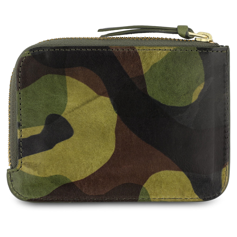 Escuyer light green camouflage zip wallet open — interior card sleeve and cash compartment