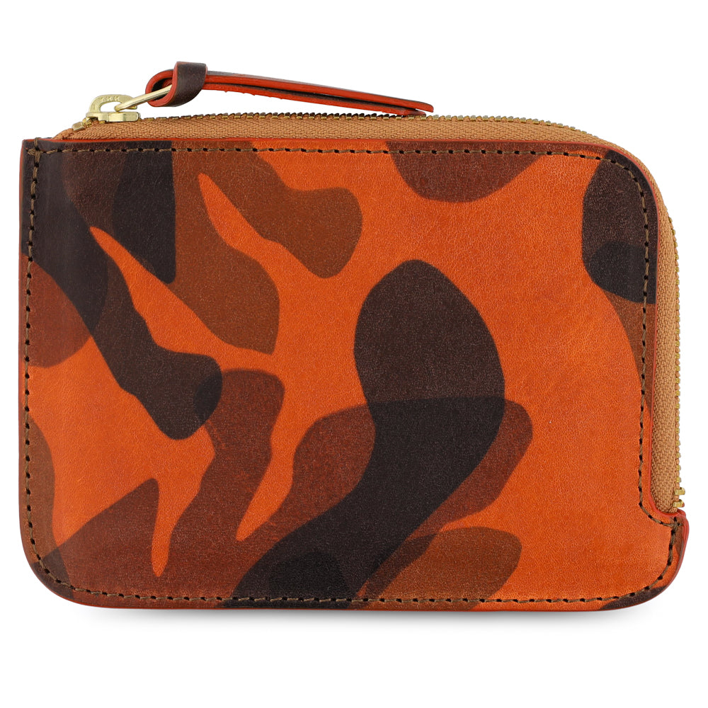 Escuyer orange camouflage zip wallet showing hand-dyed burnt orange and brown camo pattern