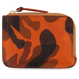 Escuyer orange camouflage zip wallet showing hand-dyed burnt orange and brown camo pattern