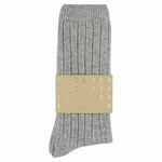 Close-up of Escuyer Light Grey cashmere crew socks showing soft knit texture — 10% cashmere, 38% virgin wool, GRS certified recycled polyamide