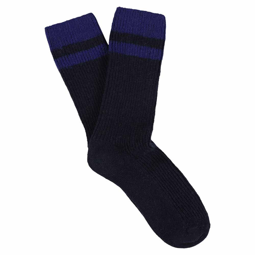 Escuyer men's striped cashmere socks in Navy and Strong Blue — mid-calf crew cut, premium cashmere and virgin wool blend, handmade in Portugal
