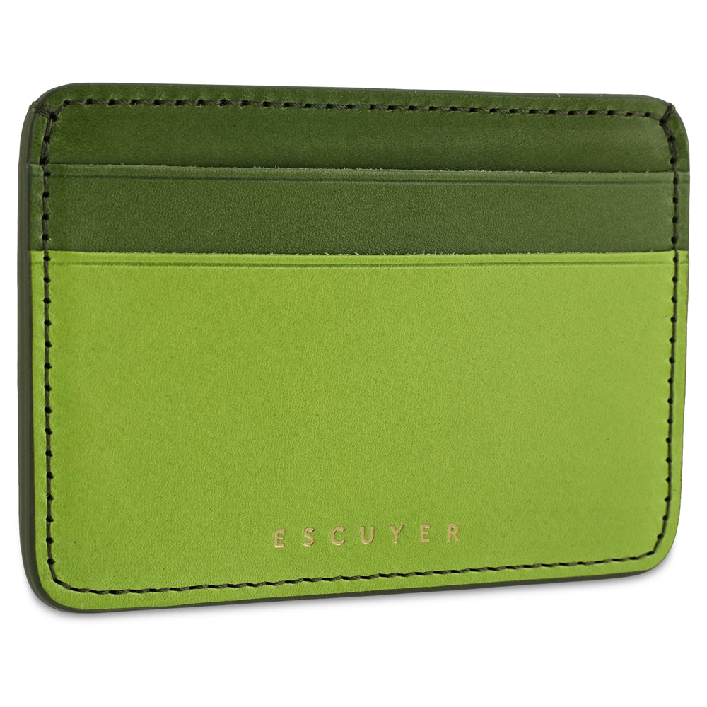 Escuyer clorofilla and lime leather cardholder back view — lime leather, hand painted edges