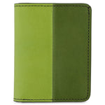 Escuyer clorofilla and lime slim wallet — vertical colour-block exterior, clorofilla left half, lime right half