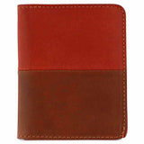 Escuyer cognac and orange slim wallet — horizontal colour-block exterior, orange top half, cognac bottom half