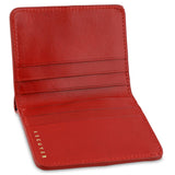 Escuyer red and pink slim wallet showing bill sleeve in natural leather interior