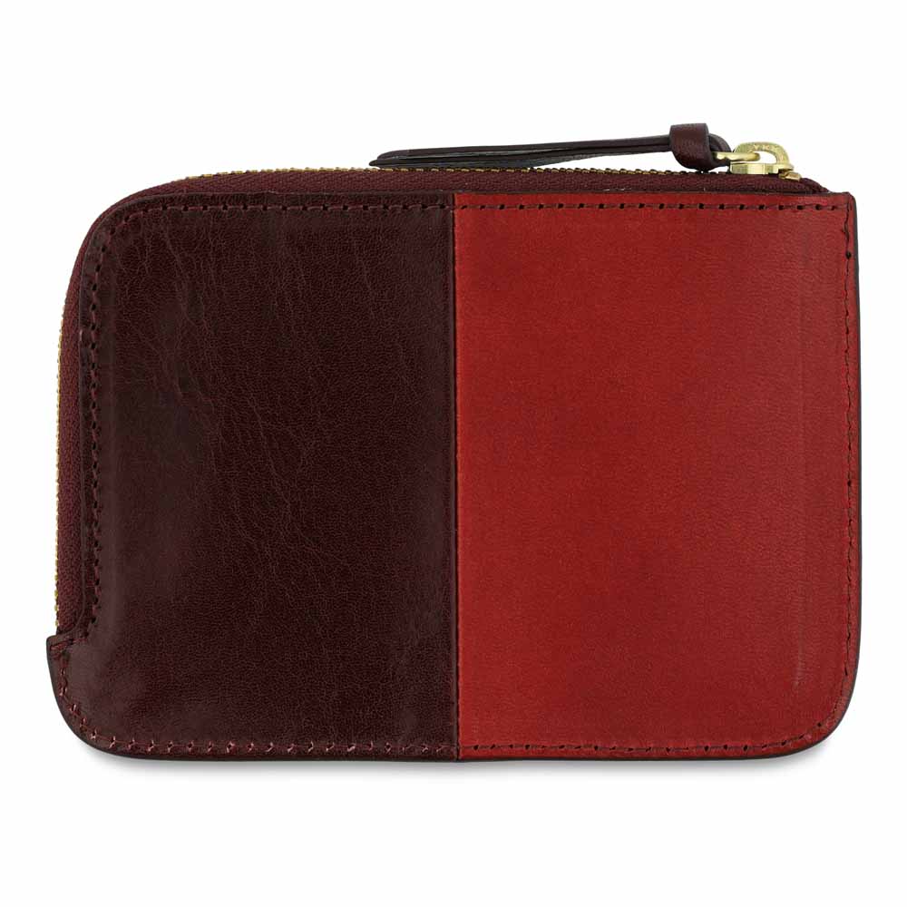 Escuyer burgundy and red zip wallet open — interior card sleeve and cash compartment