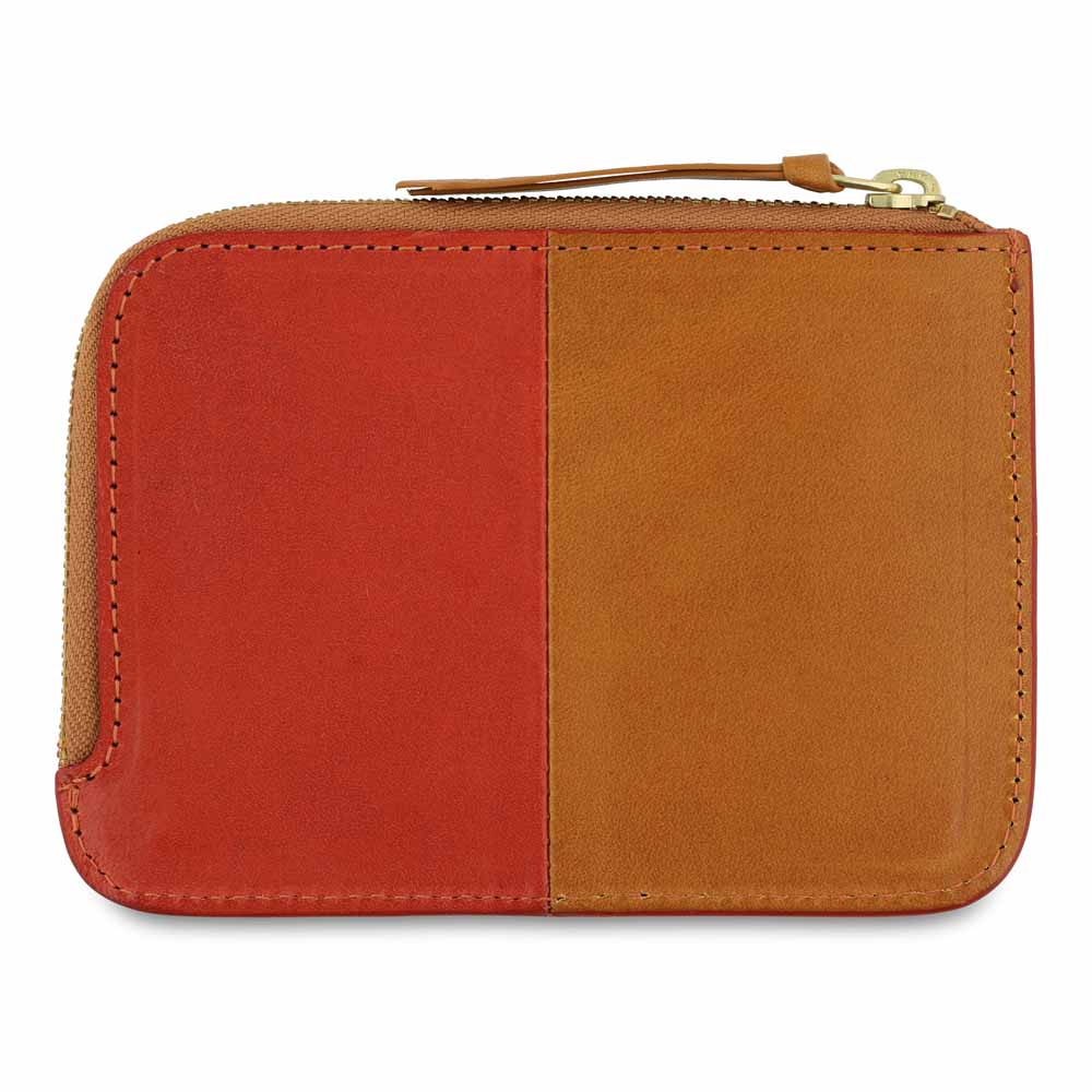 Escuyer orange and mustard zip wallet open — interior card sleeve and cash compartment