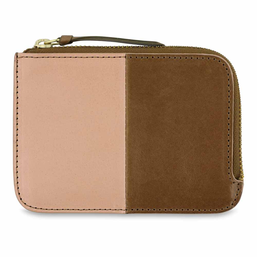 Escuyer pink and safari zip wallet showing vertical colour-block split and zip closure