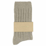 Close-up of Escuyer Beige women's cashmere crew socks — 10% cashmere, 38% virgin wool, GRS certified recycled polyamide