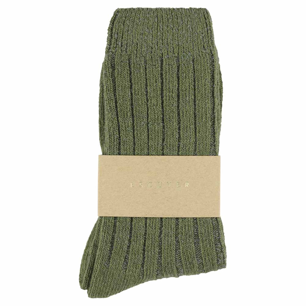 Close-up of Escuyer Khaki women's cashmere crew socks — 10% cashmere, 38% virgin wool, GRS certified recycled polyamide