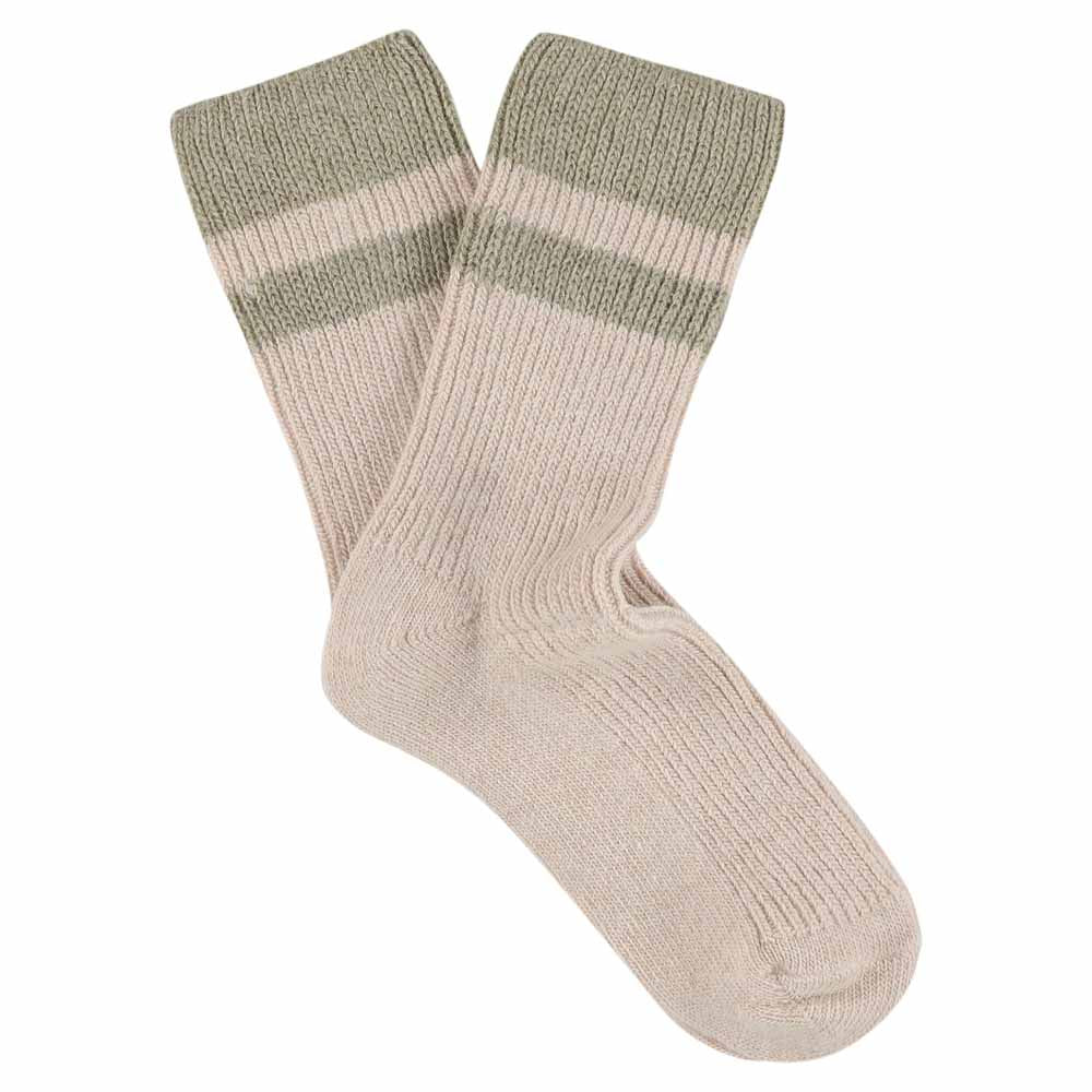 Escuyer women's striped cashmere socks in Pink and Beige — mid-calf crew cut, premium cashmere and virgin wool blend, handmade in Portugal