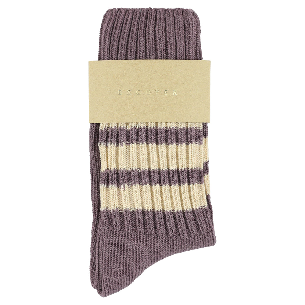 Women's striped crew socks in off purple and ecru, slub cotton, made in Portugal by Escuyer