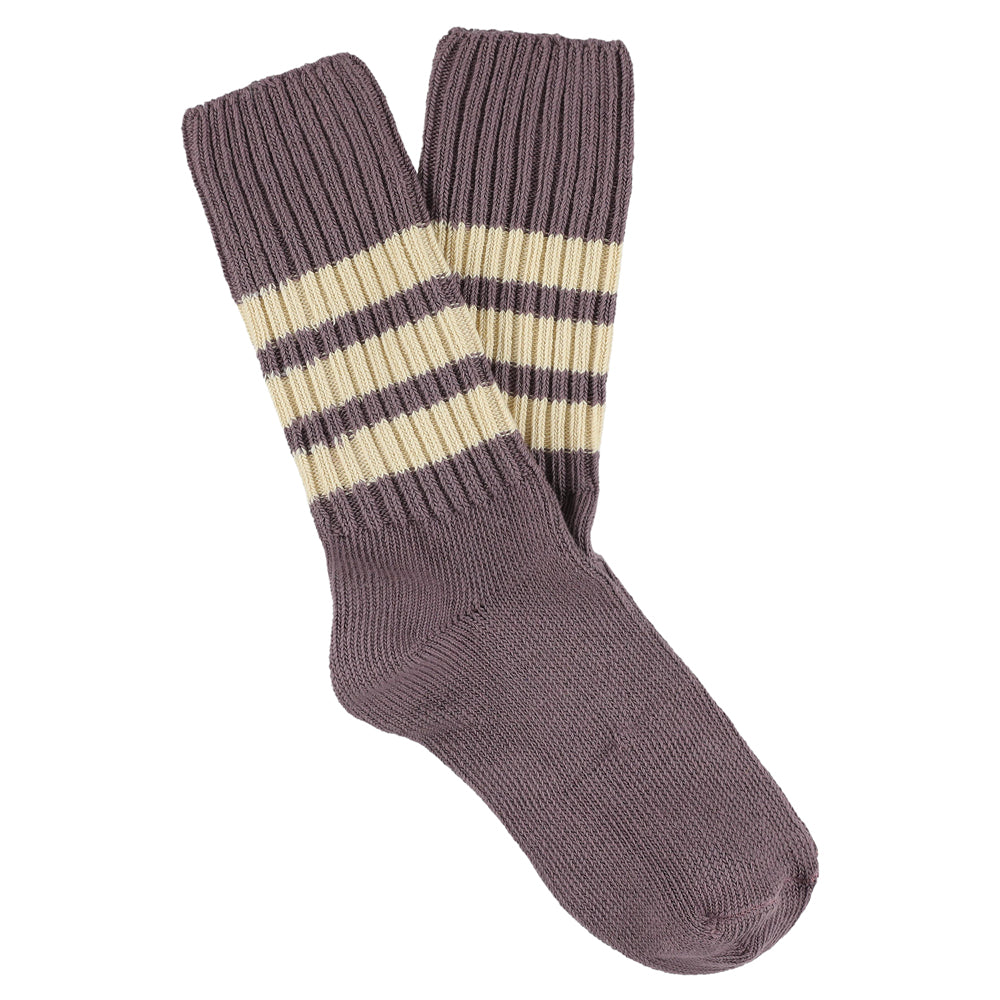 Women's striped crew socks in off purple and ecru, slub cotton, made in Portugal by Escuyer