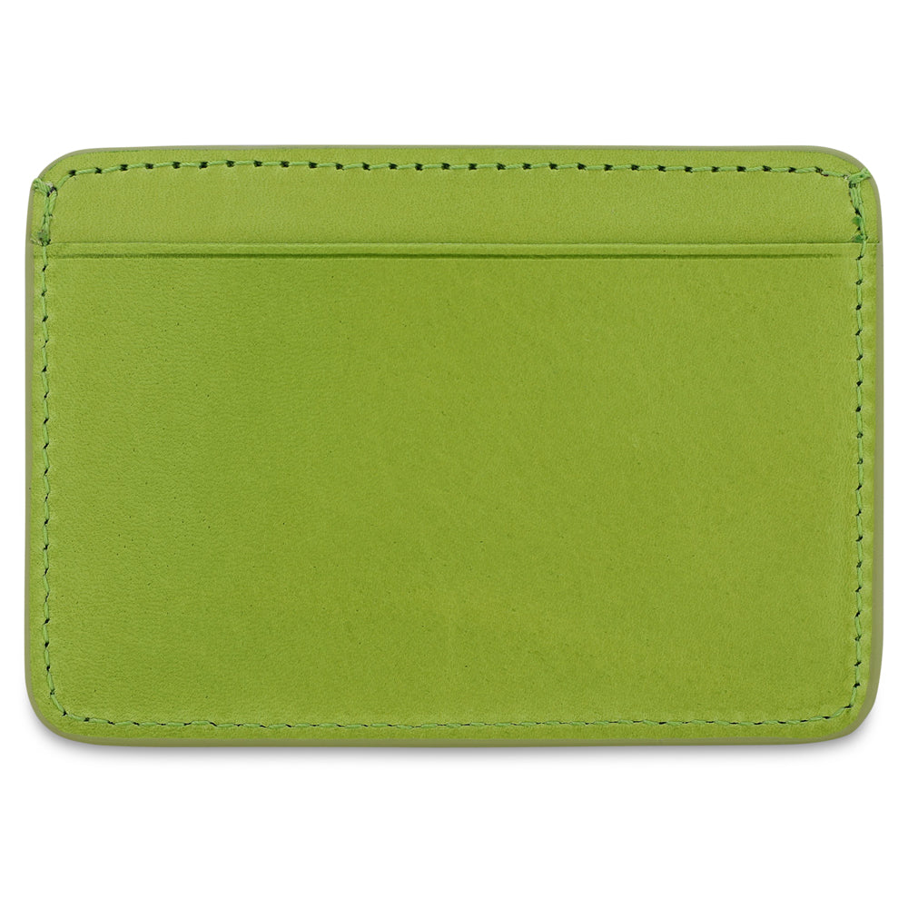 Slim clorofilla leather cardholder by Escuyer, showing hand painted edges and card slots